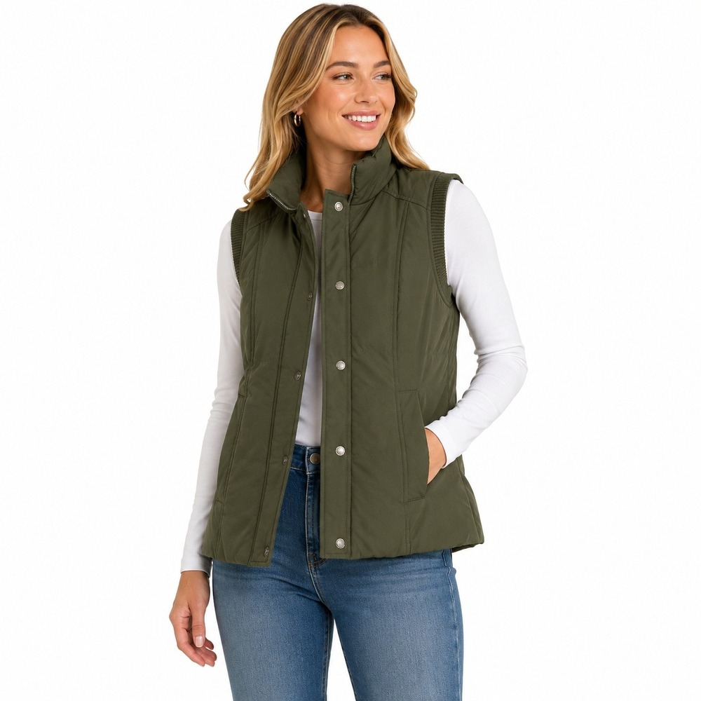 G.H. Bass & Co. Puffer Vest Women Large Olive Green Down Fill Snap Zip Outdoor